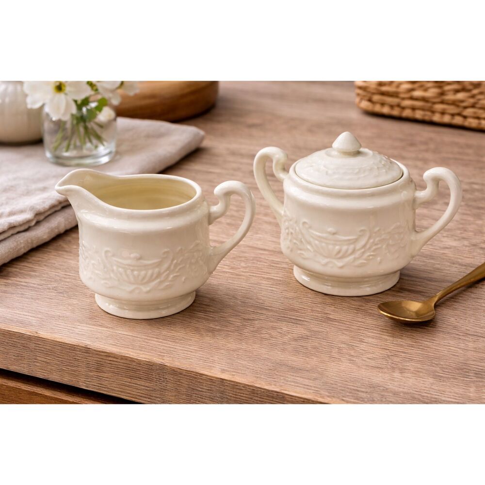 Wedgwood Creamer & Sugar Set Bone China‎ Ivory Embossed Vintage Cottagecore Set